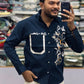 Men’s Navy Blue Graphic Print Shirt with Designer Pocket – Stylish Casual Cotton Shirt