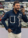 Men’s Navy Blue Graphic Print Shirt with Designer Pocket – Stylish Casual Cotton Shirt