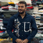 Men’s Navy Blue Graphic Print Shirt with Designer Pocket – Stylish Casual Cotton Shirt