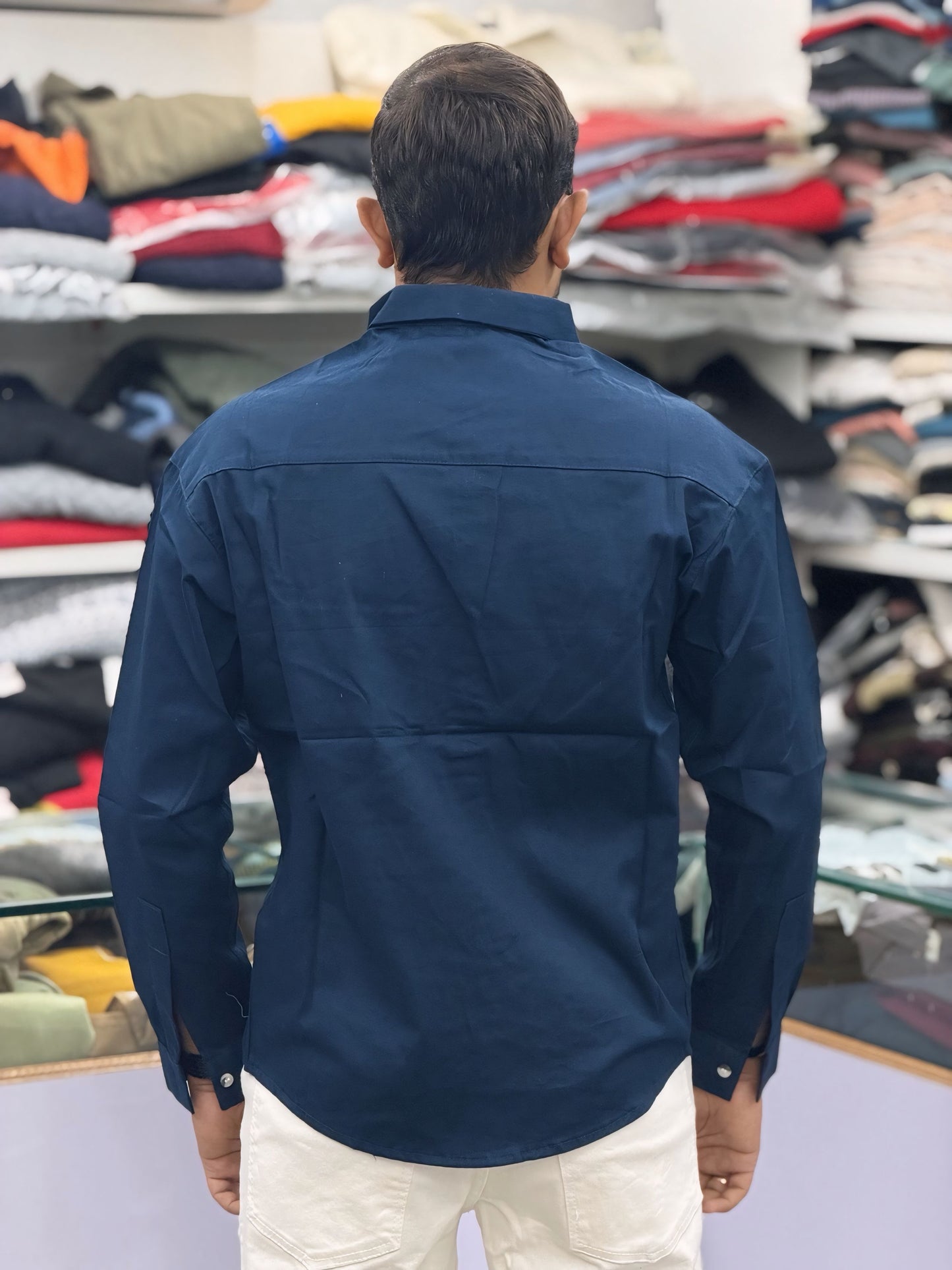 Men’s Navy Blue Graphic Print Shirt with Designer Pocket – Stylish Casual Cotton Shirt