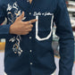 Men’s Navy Blue Graphic Print Shirt with Designer Pocket – Stylish Casual Cotton Shirt