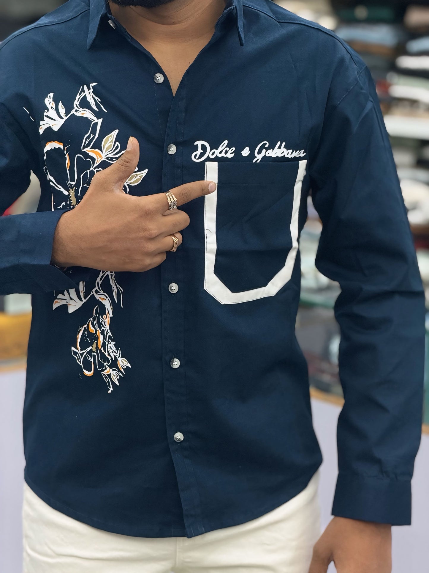 Men’s Navy Blue Graphic Print Shirt with Designer Pocket – Stylish Casual Cotton Shirt
