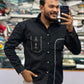 Men’s Black Cotton Shirt with White Embroidered Pocket – Premium Designer Casual Shirt