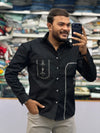 Men’s Black Cotton Shirt with White Embroidered Pocket – Premium Designer Casual Shirt