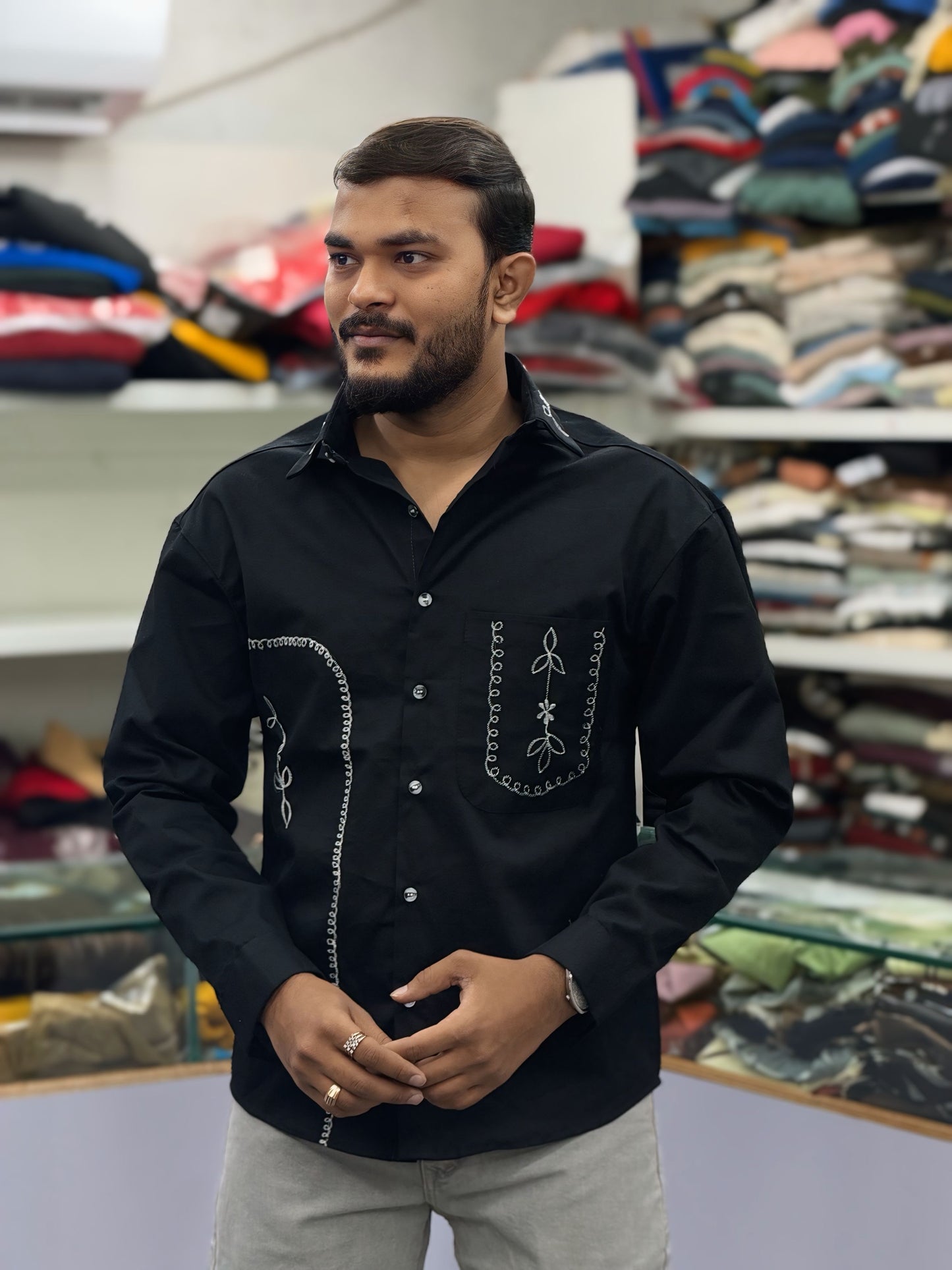 Men’s Black Cotton Shirt with White Embroidered Pocket – Premium Designer Casual Shirt