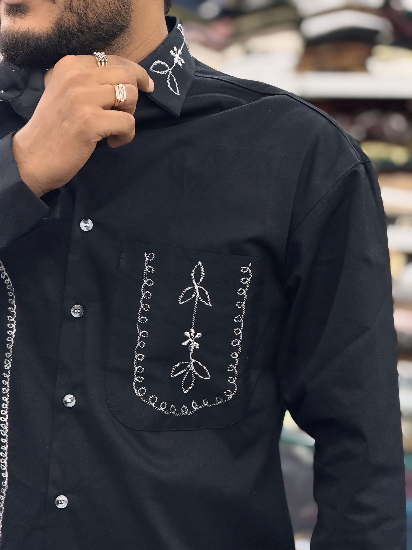 Men’s Black Cotton Shirt with White Embroidered Pocket – Premium Designer Casual Shirt
