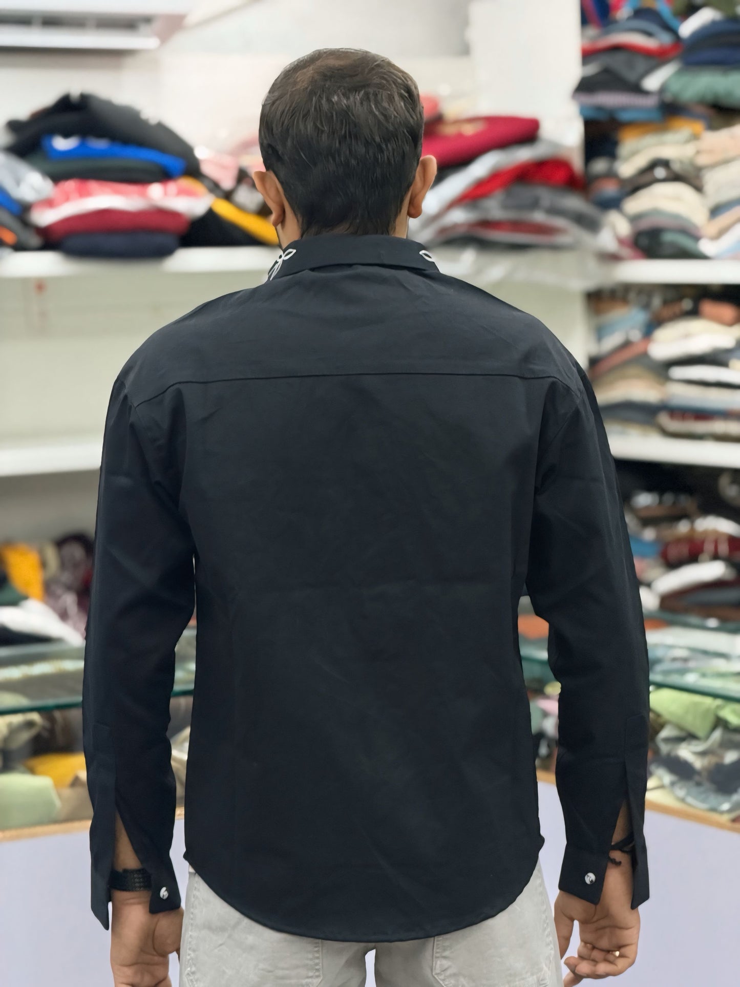 Men’s Black Cotton Shirt with White Embroidered Pocket – Premium Designer Casual Shirt