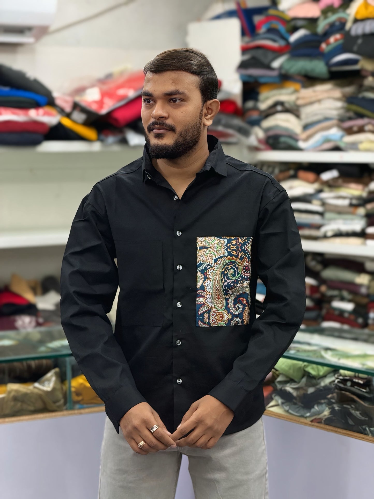 Men’s Black Cotton Shirt with Paisley Designer Pocket – Stylish Casual Fashion Shirt