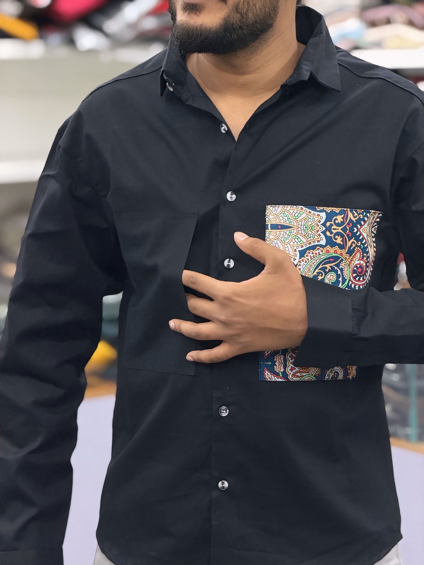 Men’s Black Cotton Shirt with Paisley Designer Pocket – Stylish Casual Fashion Shirt