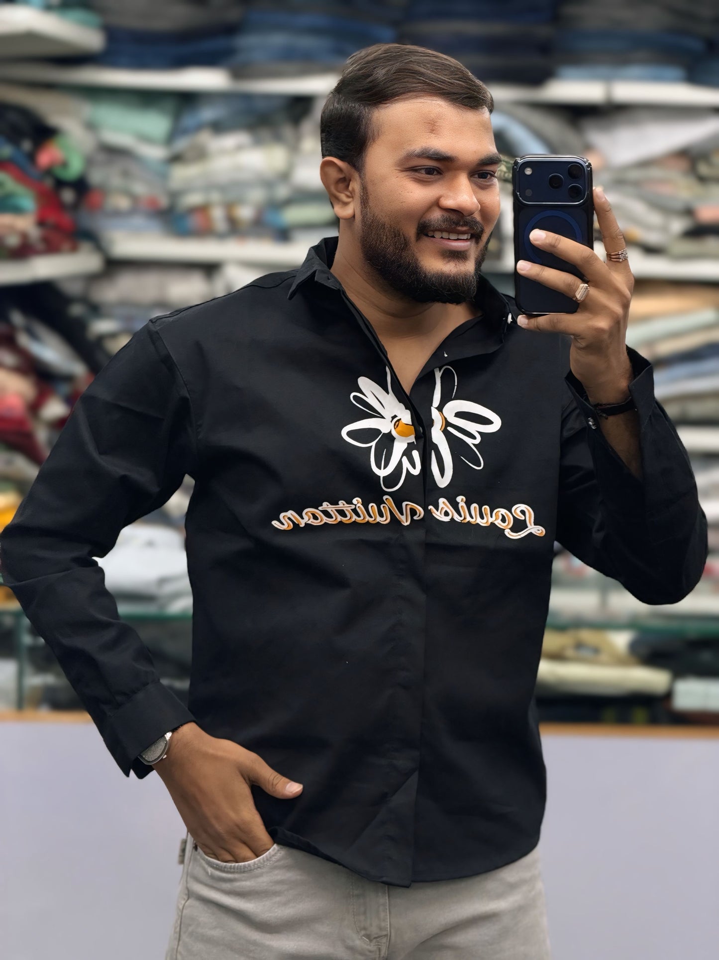 Men’s Black Butterfly Graphic Print Shirt – Stylish Street Style Cotton Casual Shirt