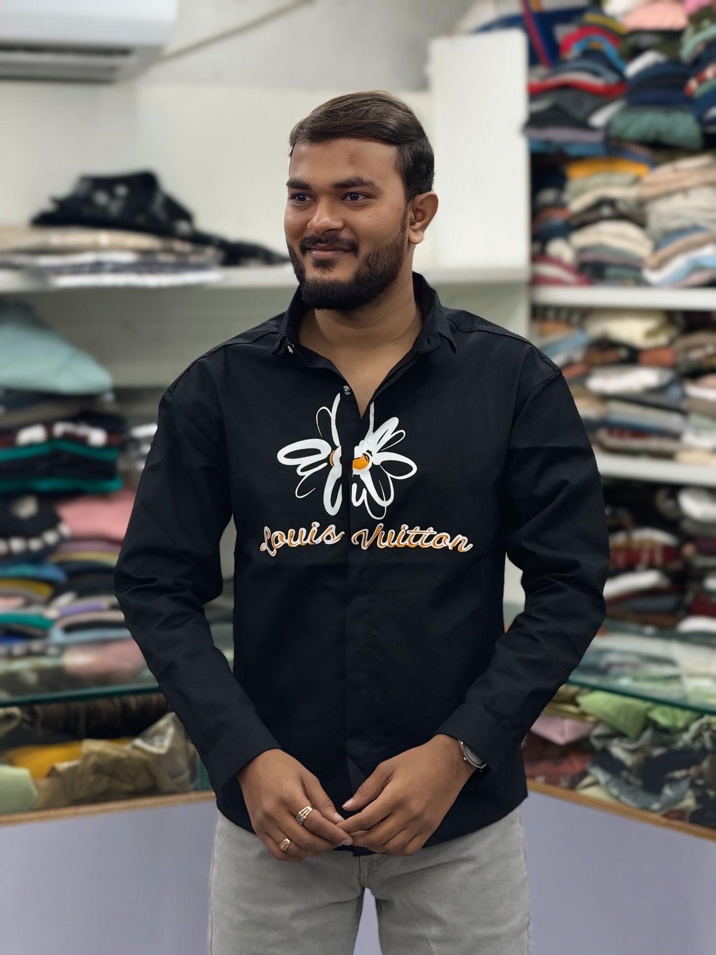 Men’s Black Butterfly Graphic Print Shirt – Stylish Street Style Cotton Casual Shirt