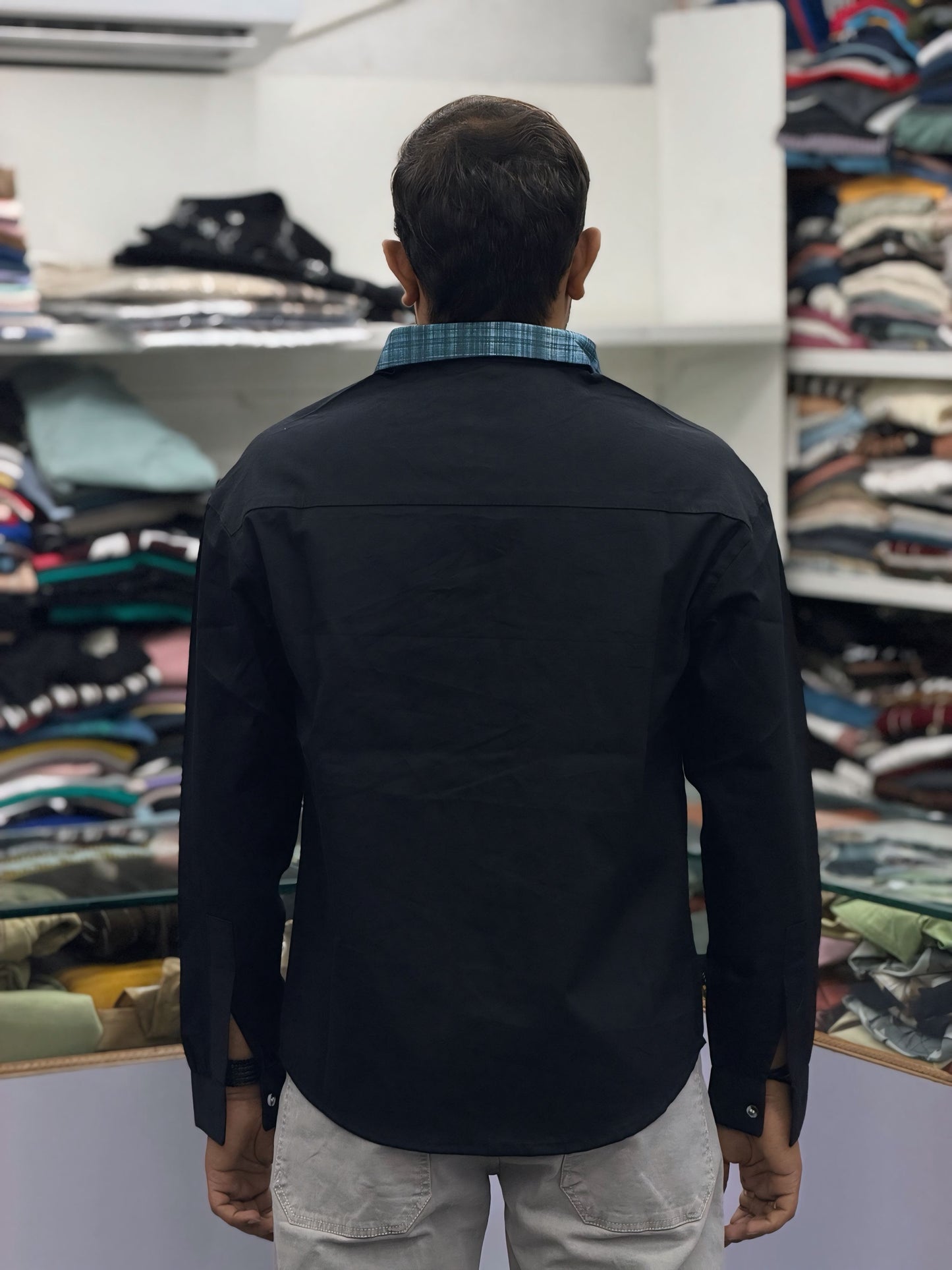 Men’s Black Cotton Shirt with Contrast Plaid Pocket – Stylish Casual Designer Shirt