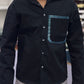 Men’s Black Cotton Shirt with Contrast Plaid Pocket – Stylish Casual Designer Shirt