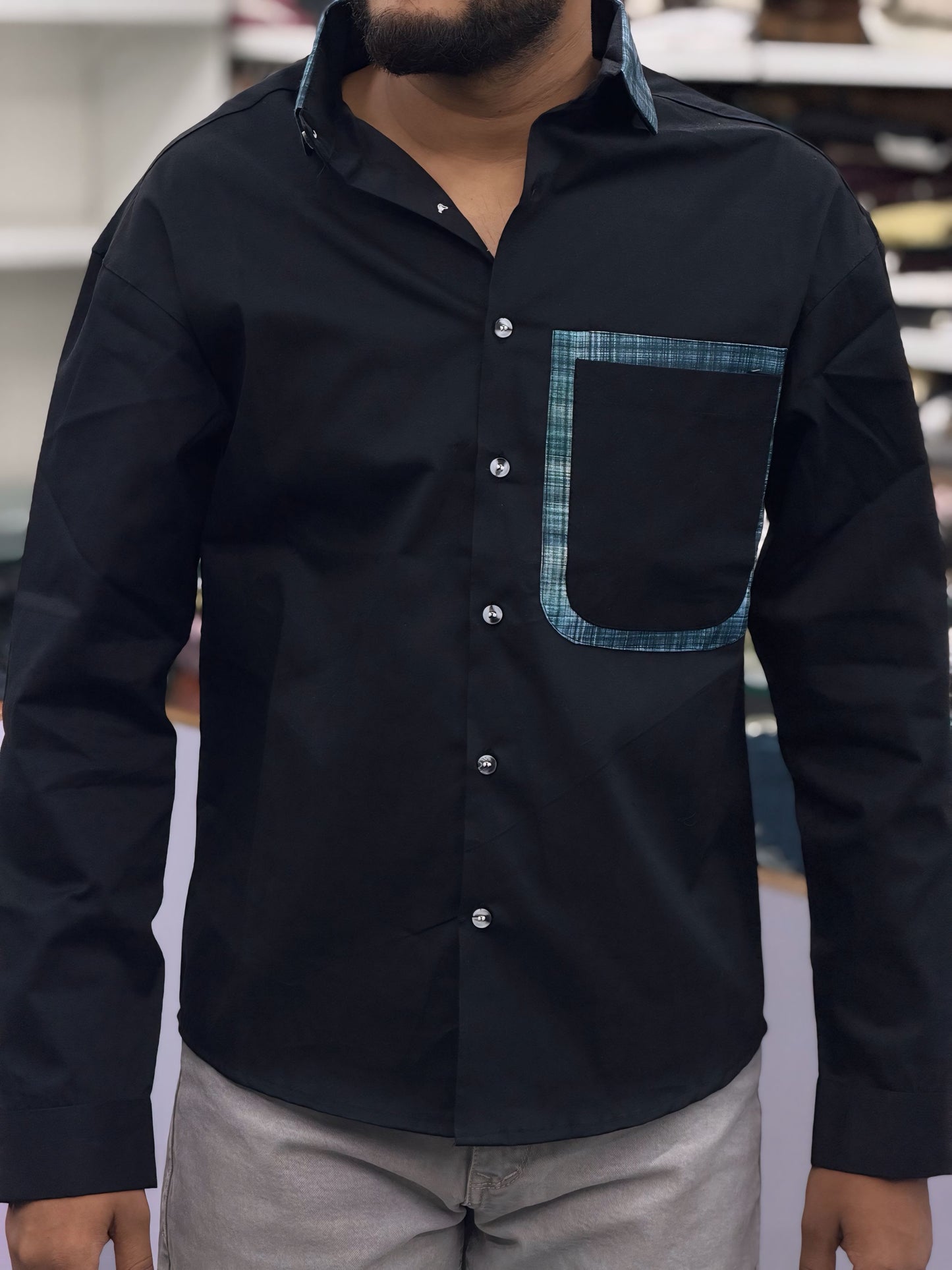 Men’s Black Cotton Shirt with Contrast Plaid Pocket – Stylish Casual Designer Shirt
