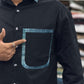 Men’s Black Cotton Shirt with Contrast Plaid Pocket – Stylish Casual Designer Shirt
