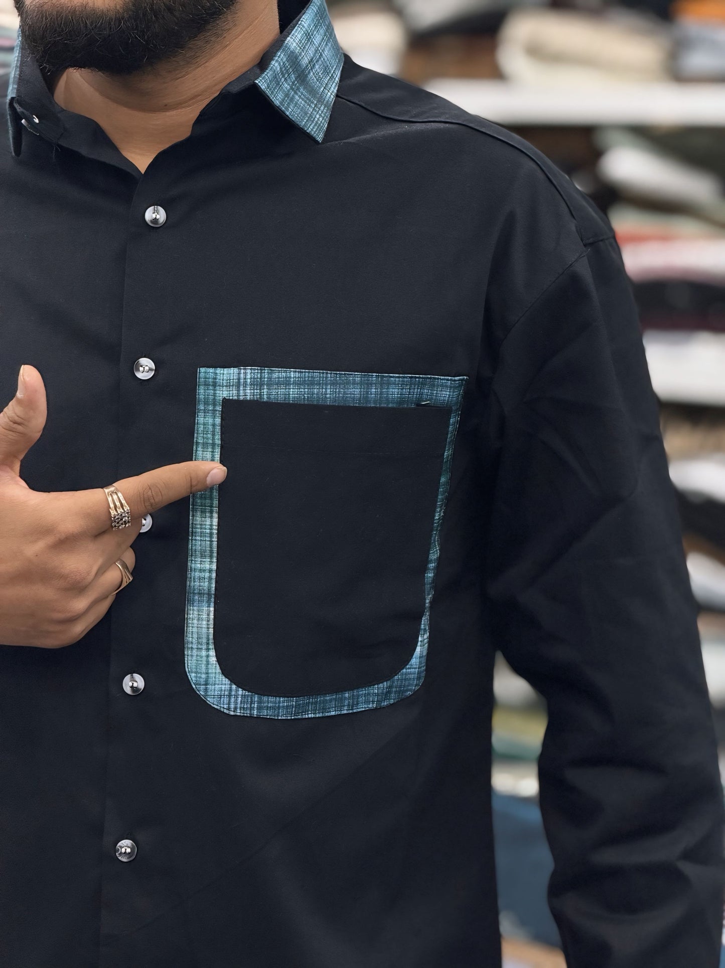 Men’s Black Cotton Shirt with Contrast Plaid Pocket – Stylish Casual Designer Shirt