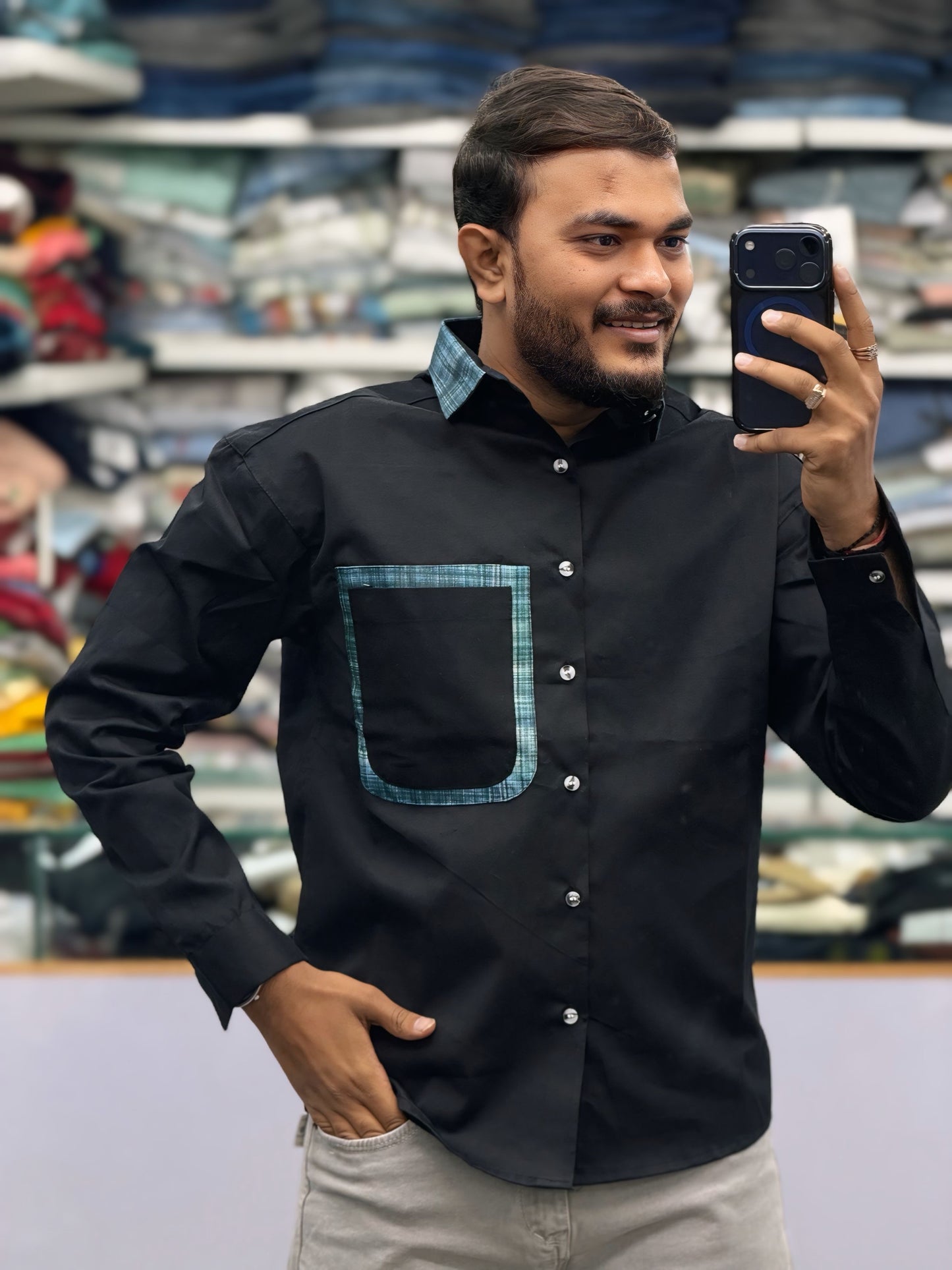 Men’s Black Cotton Shirt with Contrast Plaid Pocket – Stylish Casual Designer Shirt