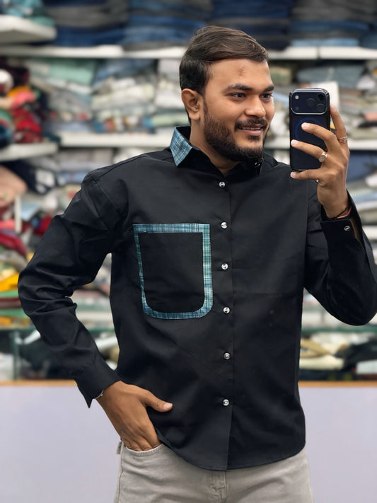 Men’s Black Cotton Shirt with Contrast Plaid Pocket – Stylish Casual Designer Shirt