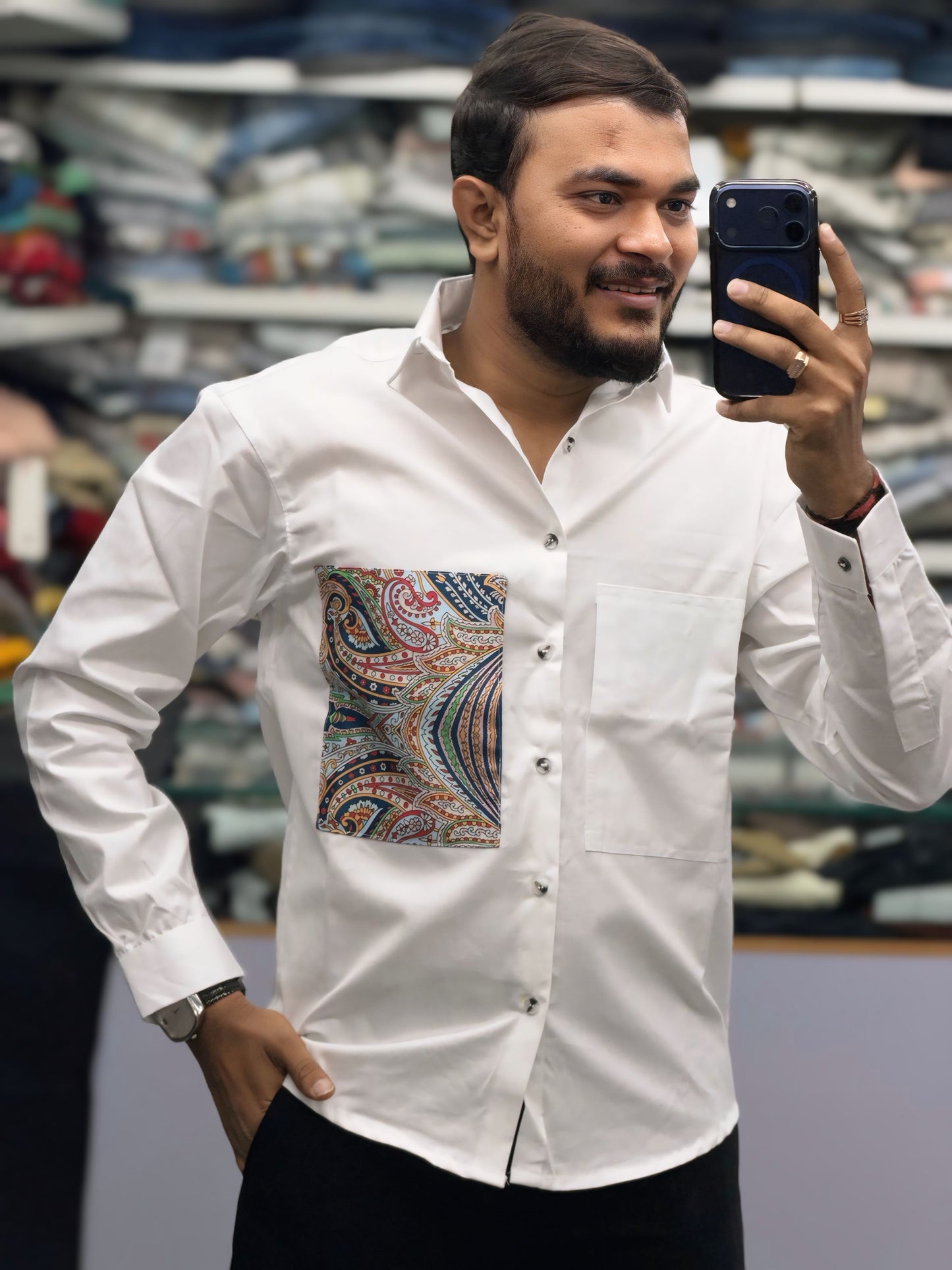 Men’s White Cotton Shirt with Paisley Designer Pocket – Premium Casual Fashion Shirt