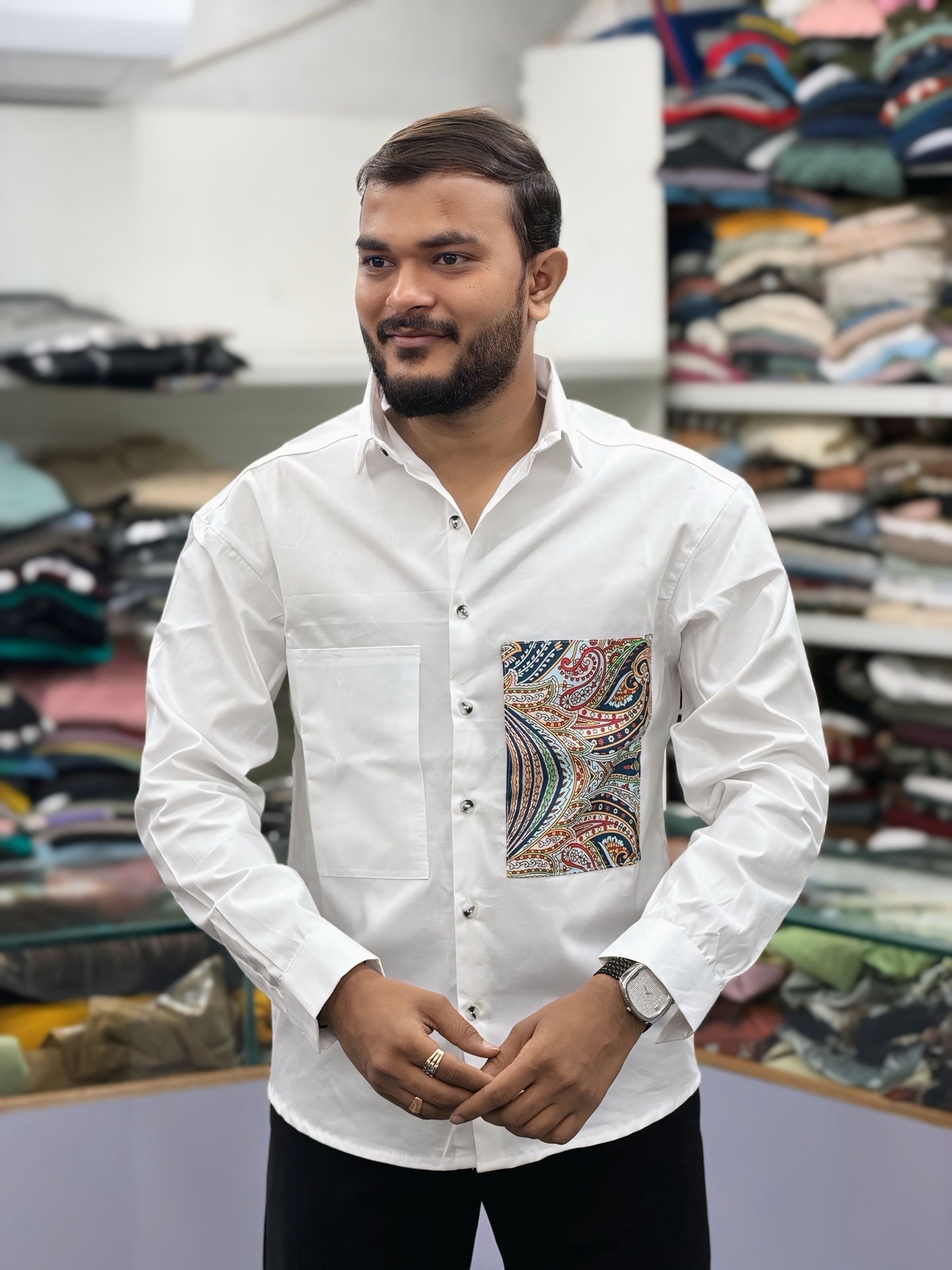 Men’s White Cotton Shirt with Paisley Designer Pocket – Premium Casual Fashion Shirt