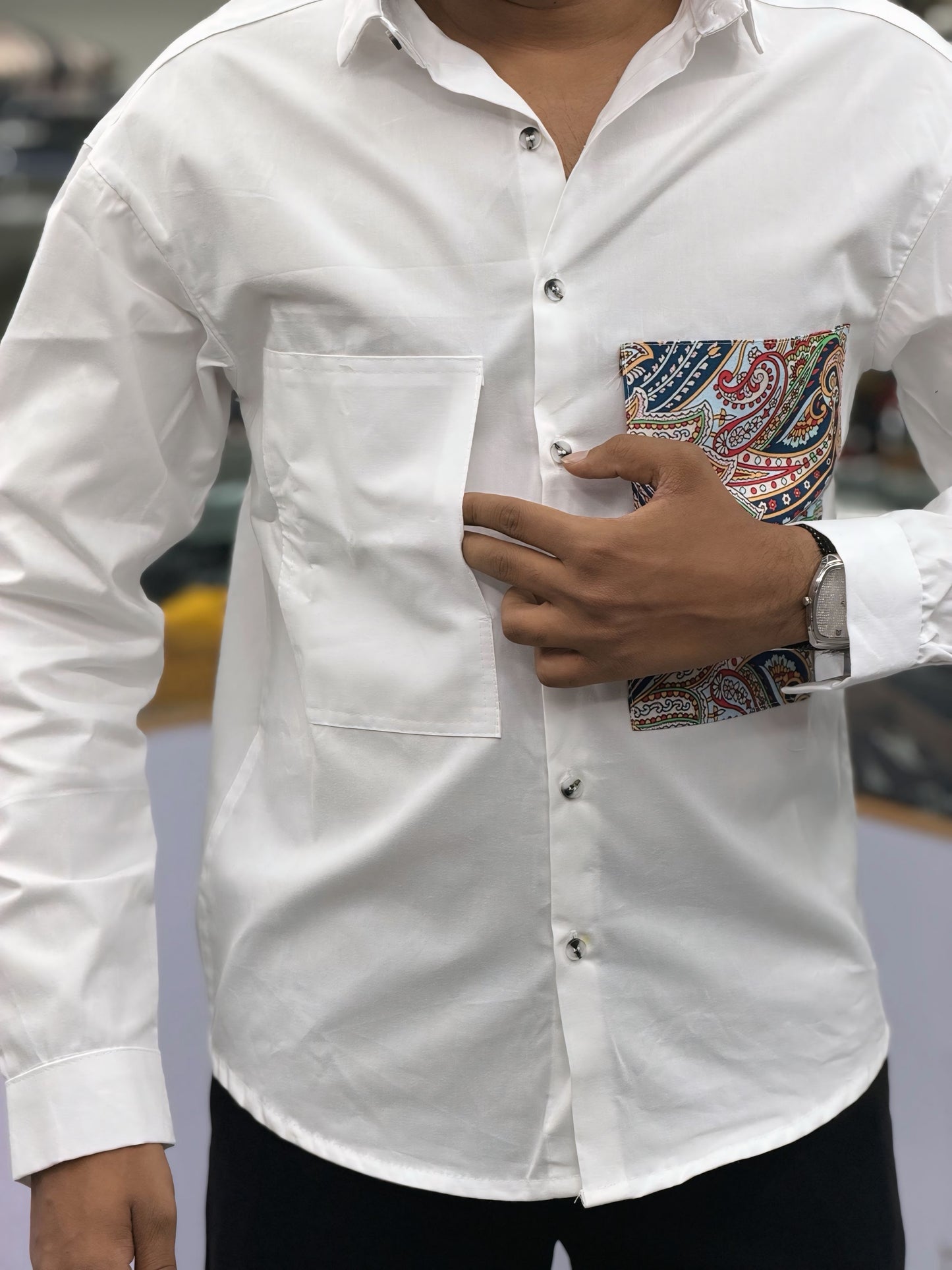 Men’s White Cotton Shirt with Paisley Designer Pocket – Premium Casual Fashion Shirt