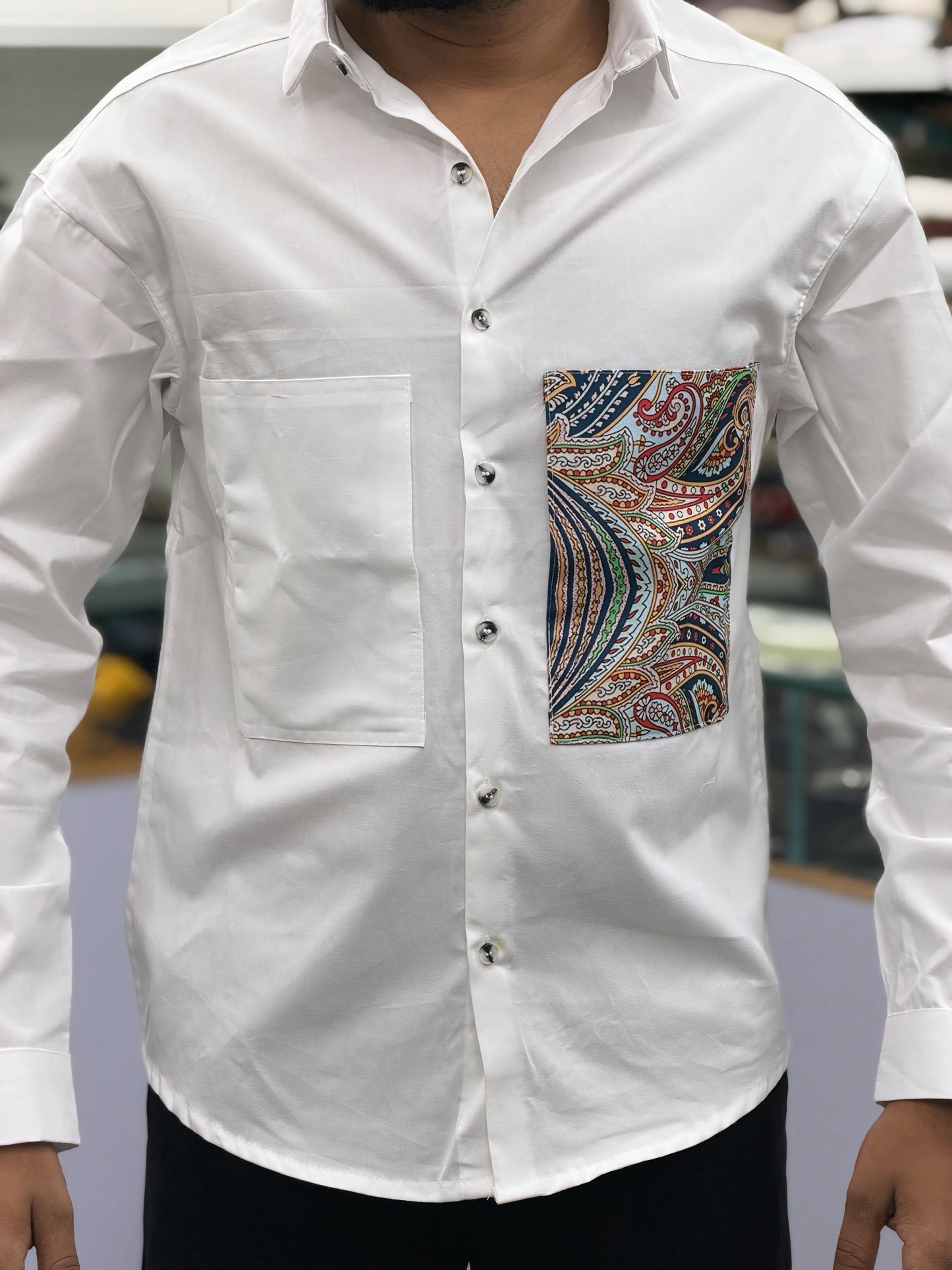 Men’s White Cotton Shirt with Paisley Designer Pocket – Premium Casual Fashion Shirt