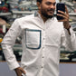 Men’s White Cotton Shirt with Contrast Plaid Pocket – Premium Casual Designer Shirt