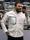 Men’s White Cotton Shirt with Contrast Plaid Pocket – Premium Casual Designer Shirt