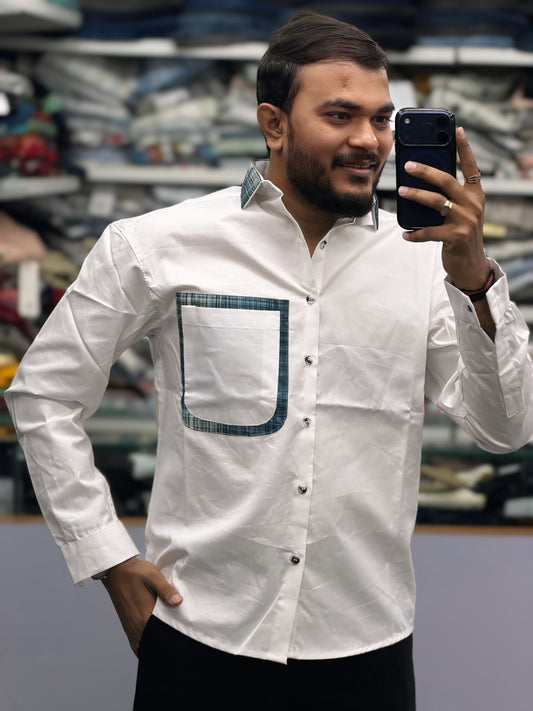Men’s White Cotton Shirt with Contrast Plaid Pocket – Premium Casual Designer Shirt