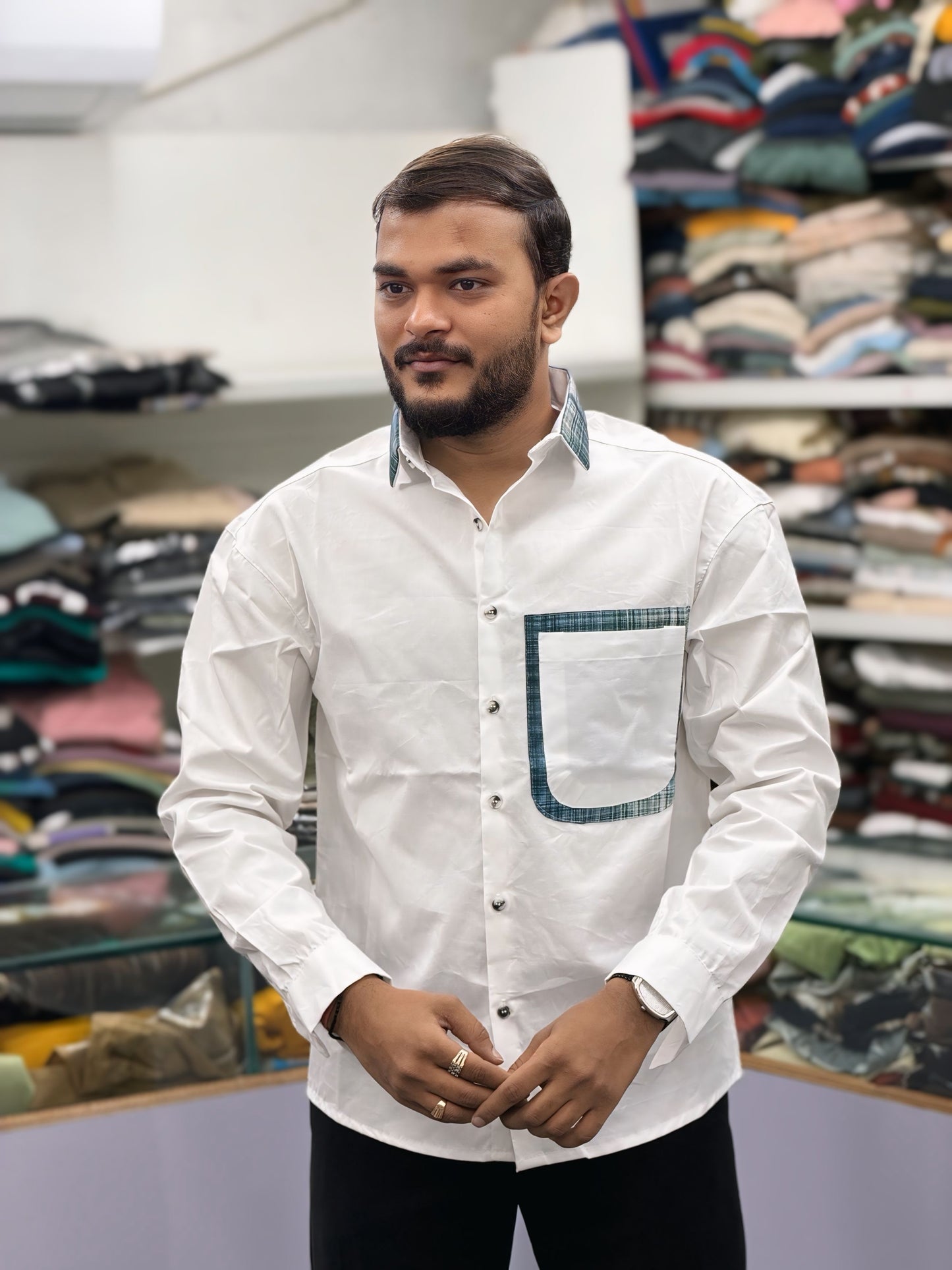 Men’s White Cotton Shirt with Contrast Plaid Pocket – Premium Casual Designer Shirt