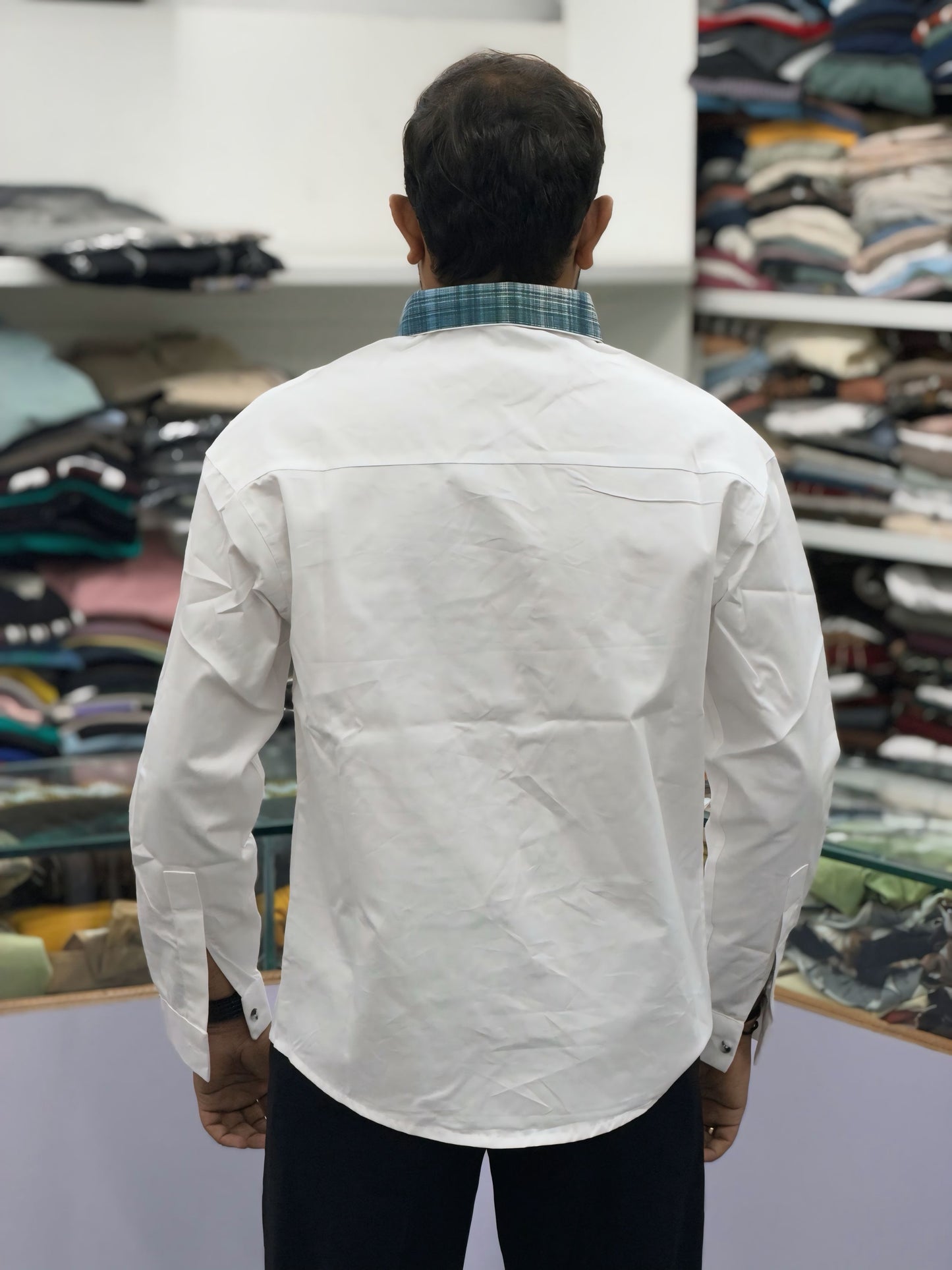 Men’s White Cotton Shirt with Contrast Plaid Pocket – Premium Casual Designer Shirt