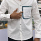Men’s White Cotton Shirt with Contrast Plaid Pocket – Premium Casual Designer Shirt