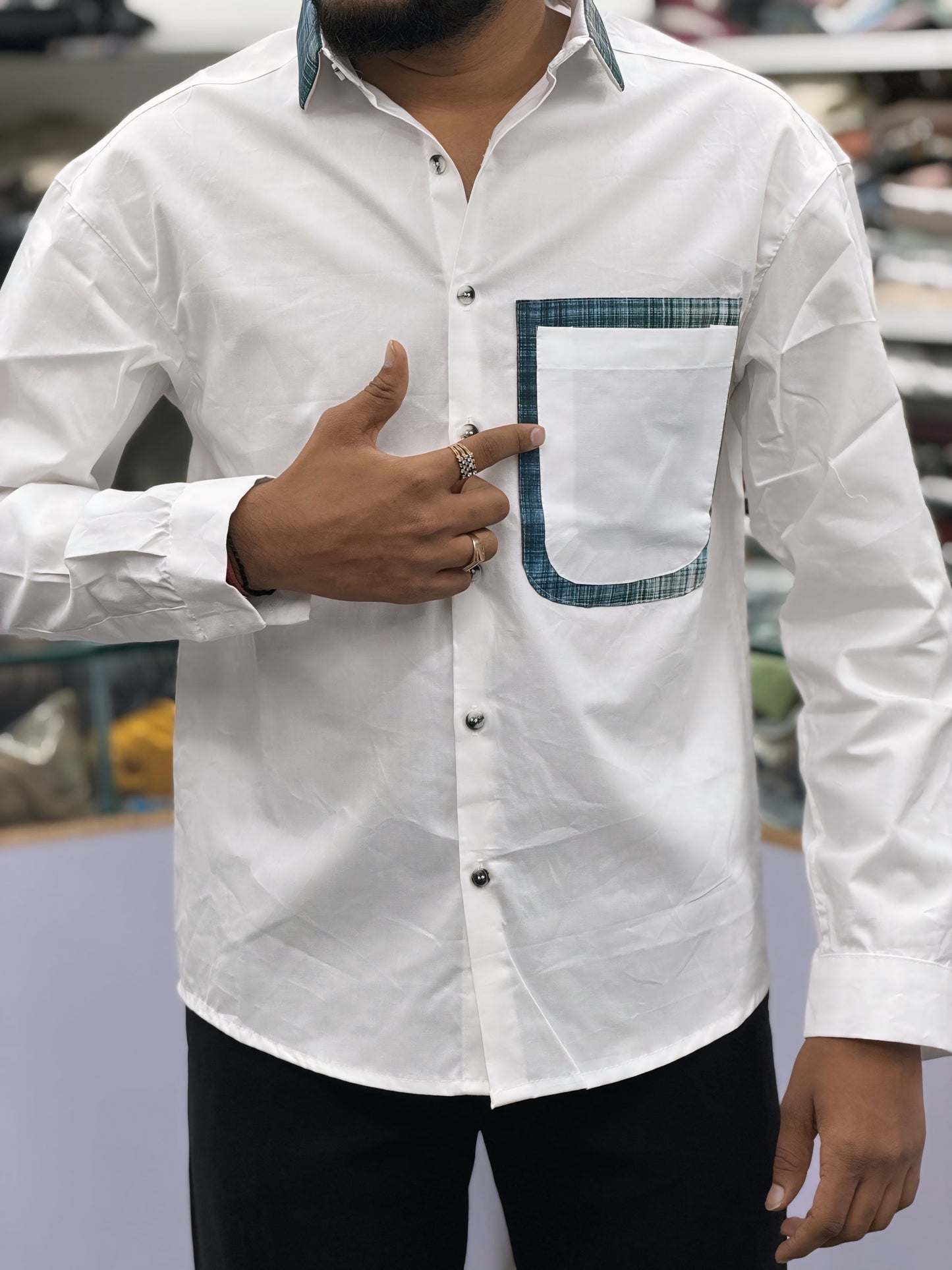 Men’s White Cotton Shirt with Contrast Plaid Pocket – Premium Casual Designer Shirt