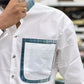 Men’s White Cotton Shirt with Contrast Plaid Pocket – Premium Casual Designer Shirt