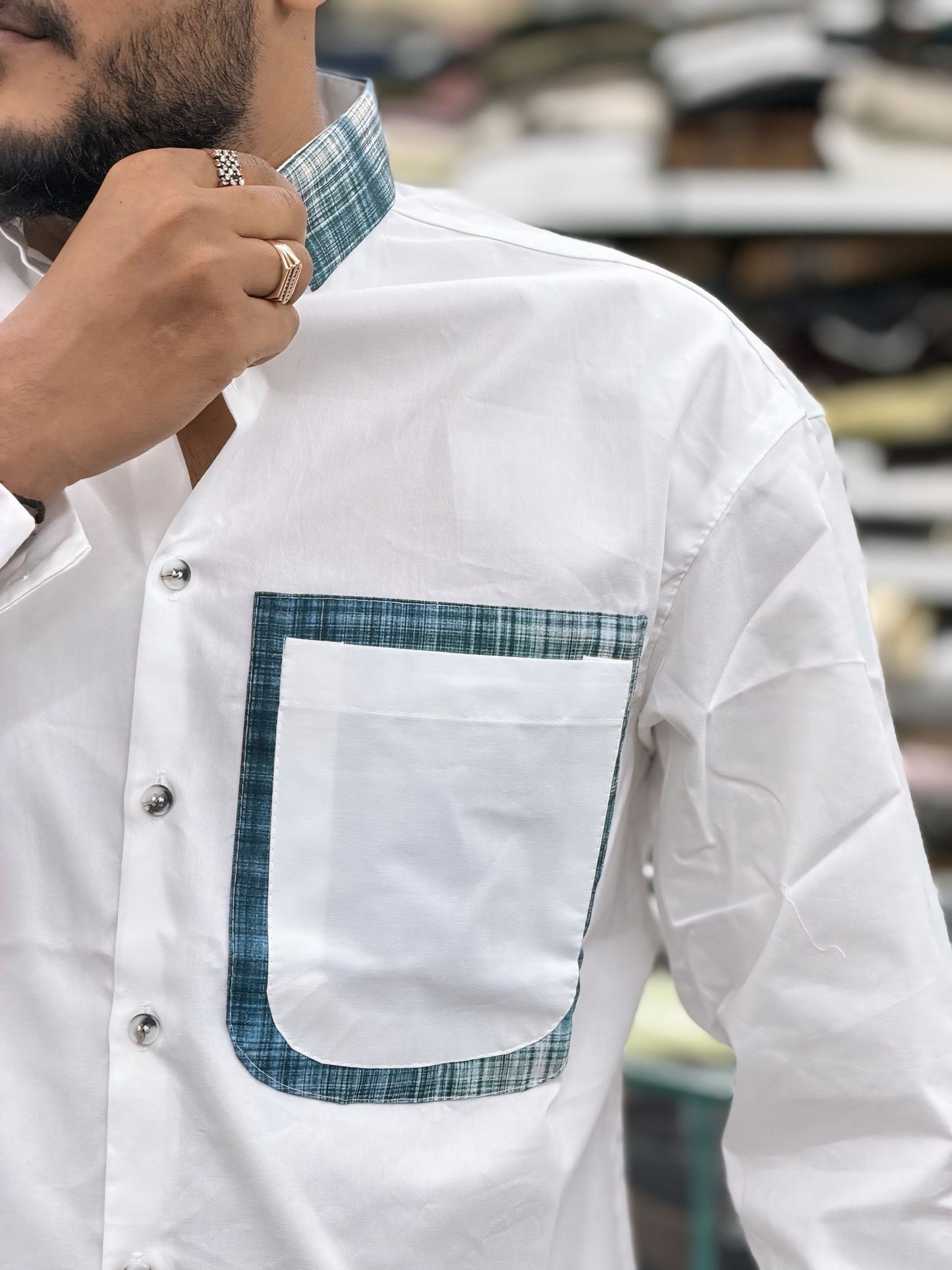 Men’s White Cotton Shirt with Contrast Plaid Pocket – Premium Casual Designer Shirt