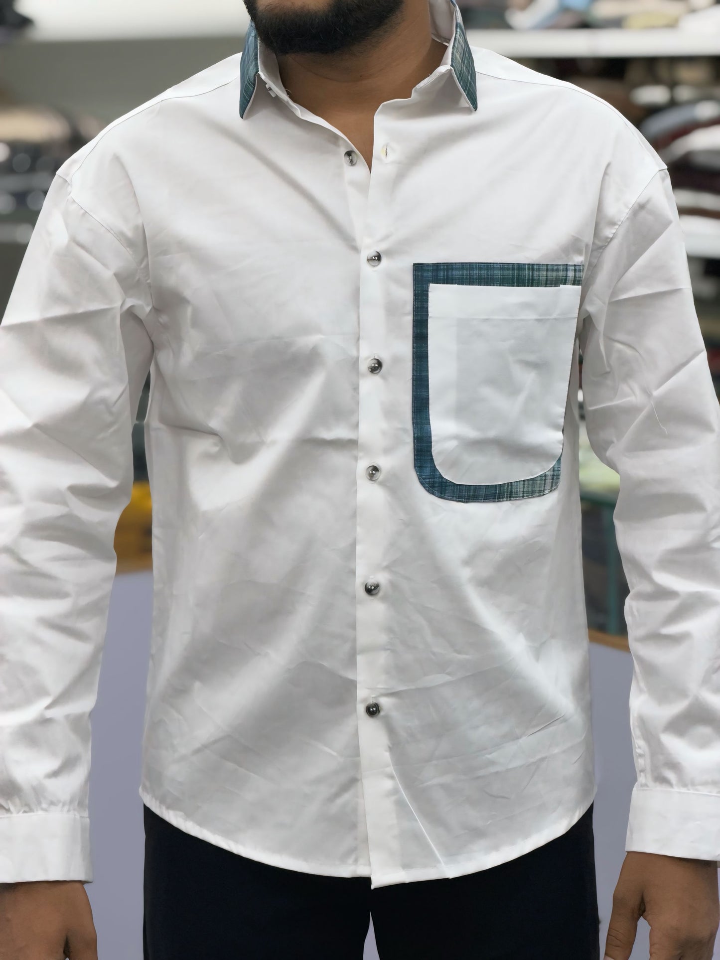 Men’s White Cotton Shirt with Contrast Plaid Pocket – Premium Casual Designer Shirt