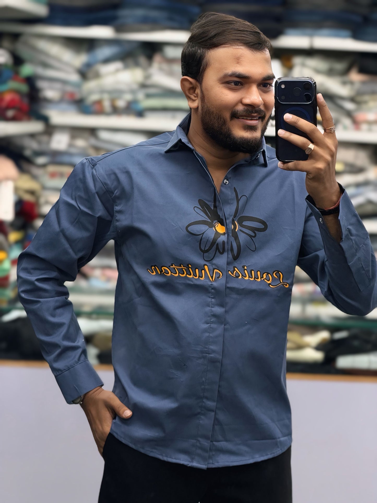 Men’s Dark Grey Graphic Print Shirt – Stylish Butterfly Design Casual Cotton Shirt