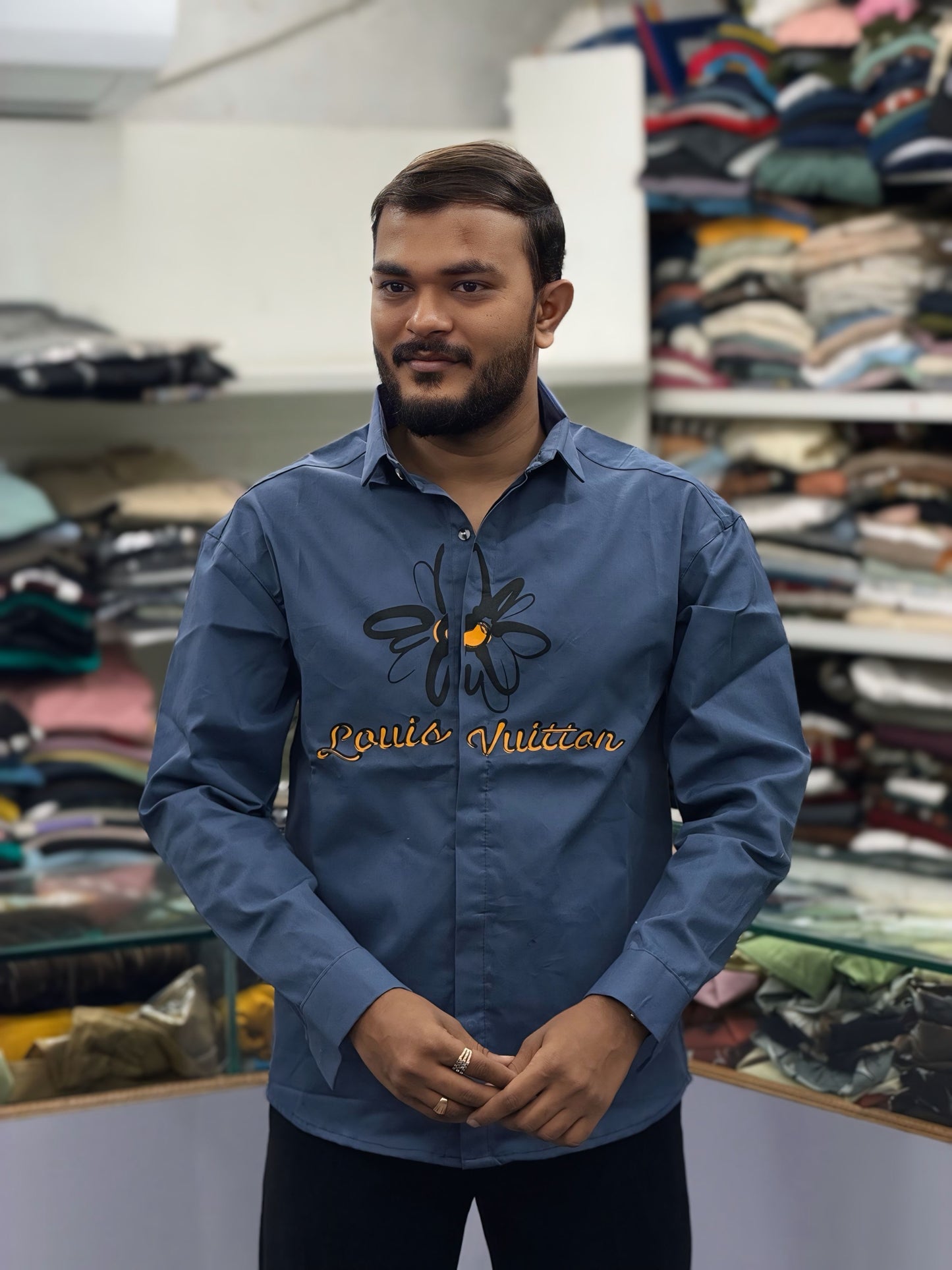 Men’s Dark Grey Graphic Print Shirt – Stylish Butterfly Design Casual Cotton Shirt