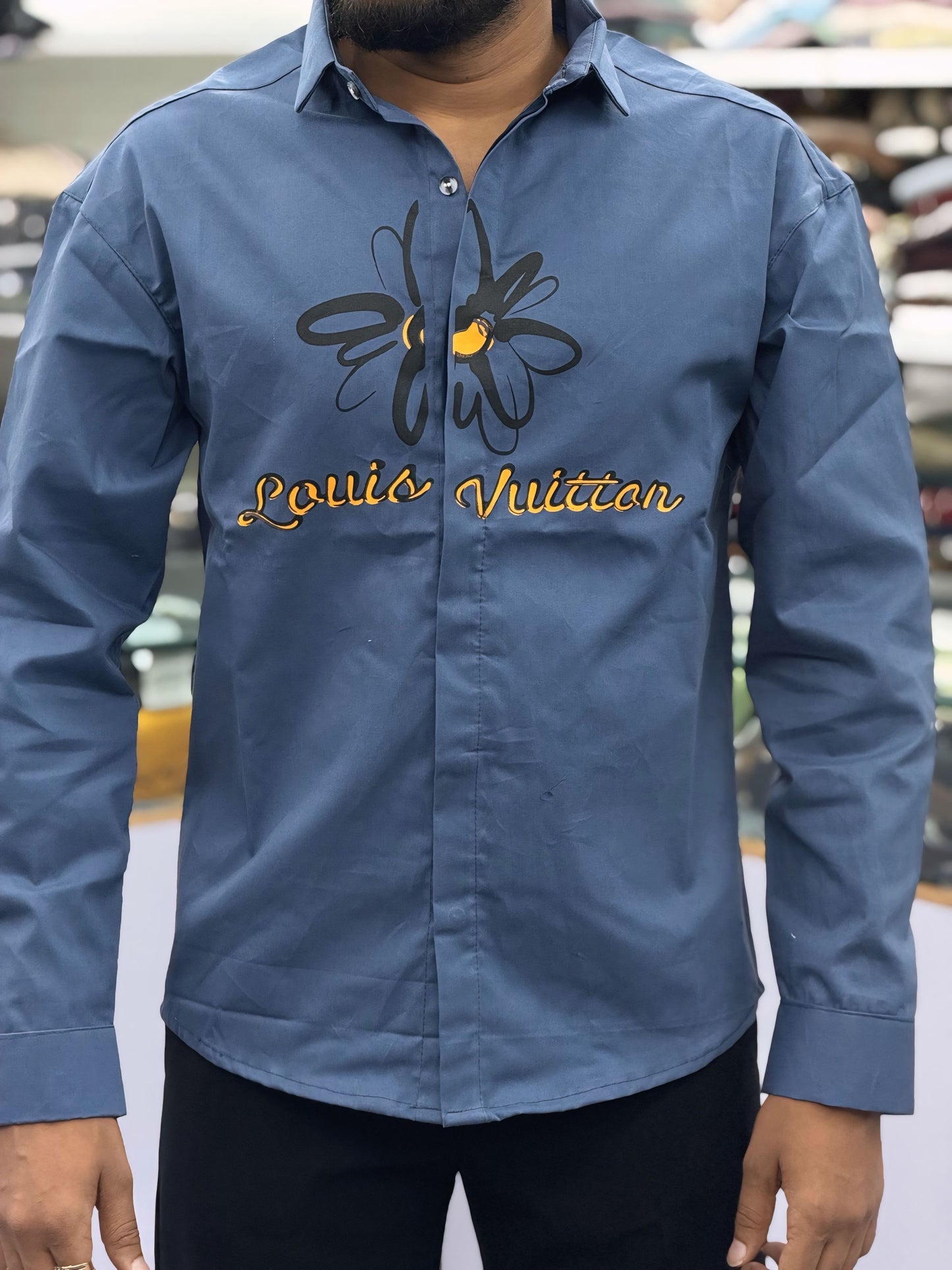 Men’s Dark Grey Graphic Print Shirt – Stylish Butterfly Design Casual Cotton Shirt