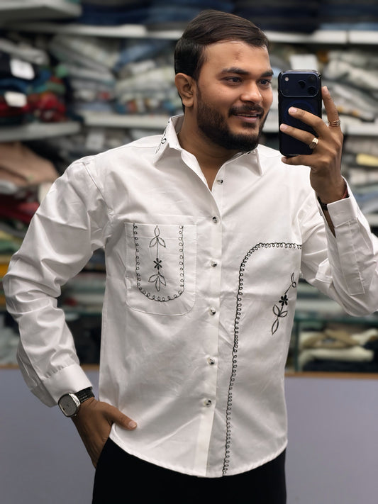 Men’s White Cotton Shirt with Black Embroidered Pocket – Premium Designer Casual Shirt