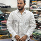 Men’s White Cotton Shirt with Black Embroidered Pocket – Premium Designer Casual Shirt