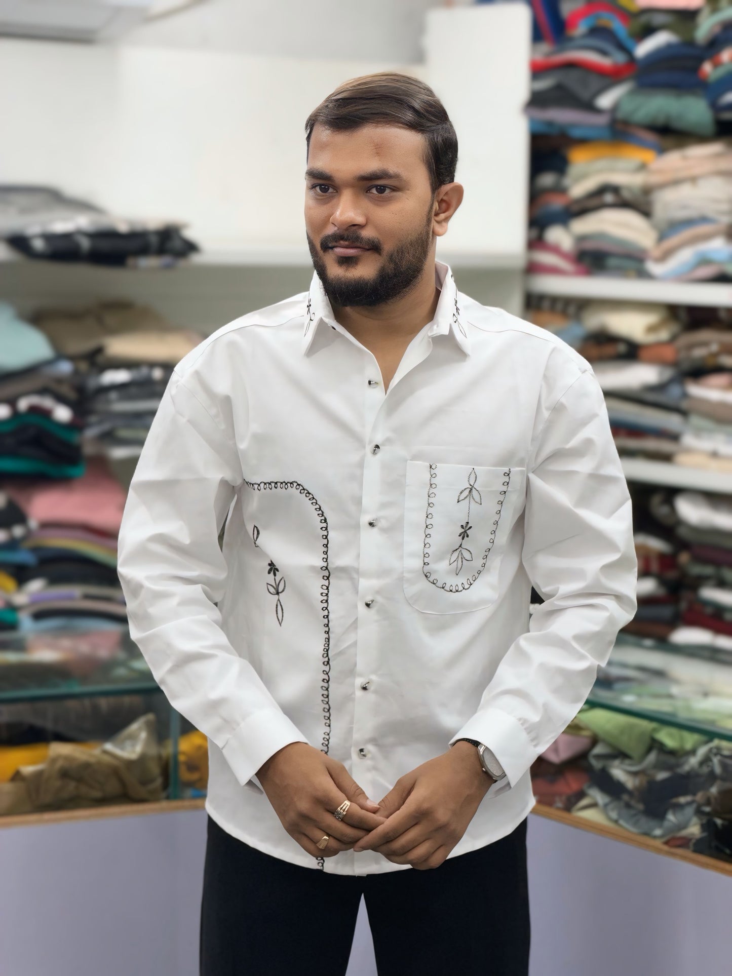 Men’s White Cotton Shirt with Black Embroidered Pocket – Premium Designer Casual Shirt