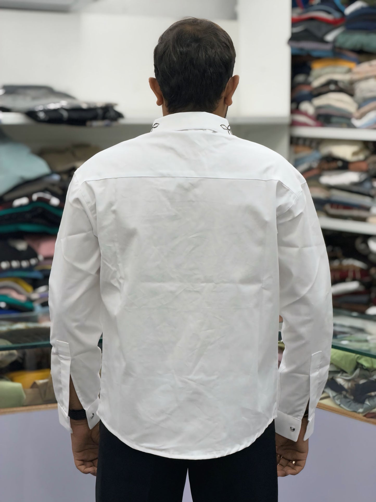 Men’s White Cotton Shirt with Black Embroidered Pocket – Premium Designer Casual Shirt