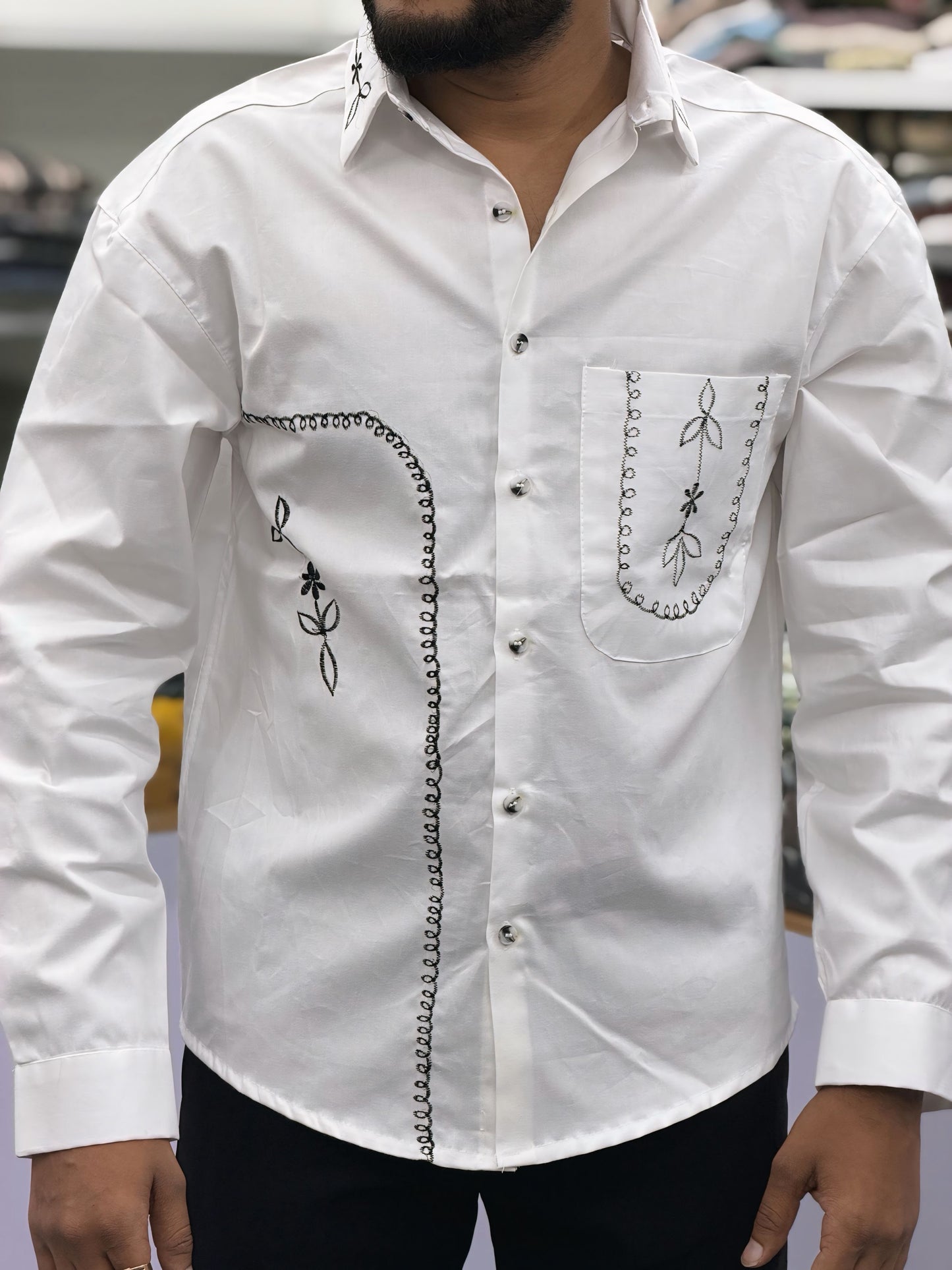 Men’s White Cotton Shirt with Black Embroidered Pocket – Premium Designer Casual Shirt