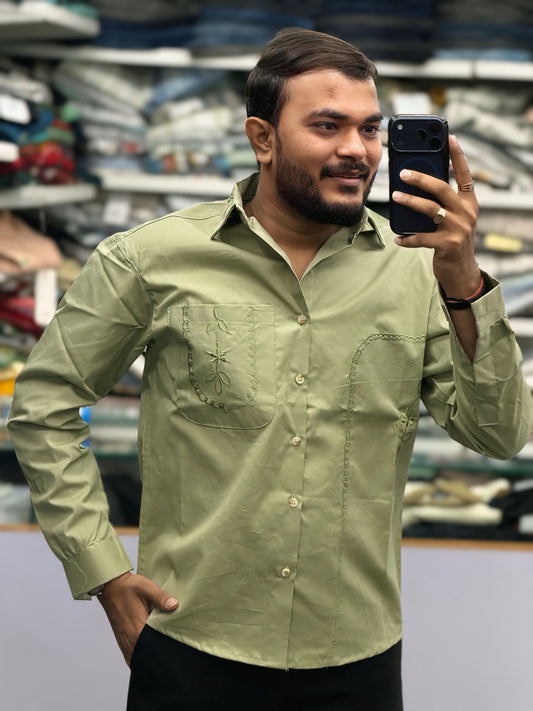 Men’s Olive Green Cotton Shirt with Embroidered Pocket