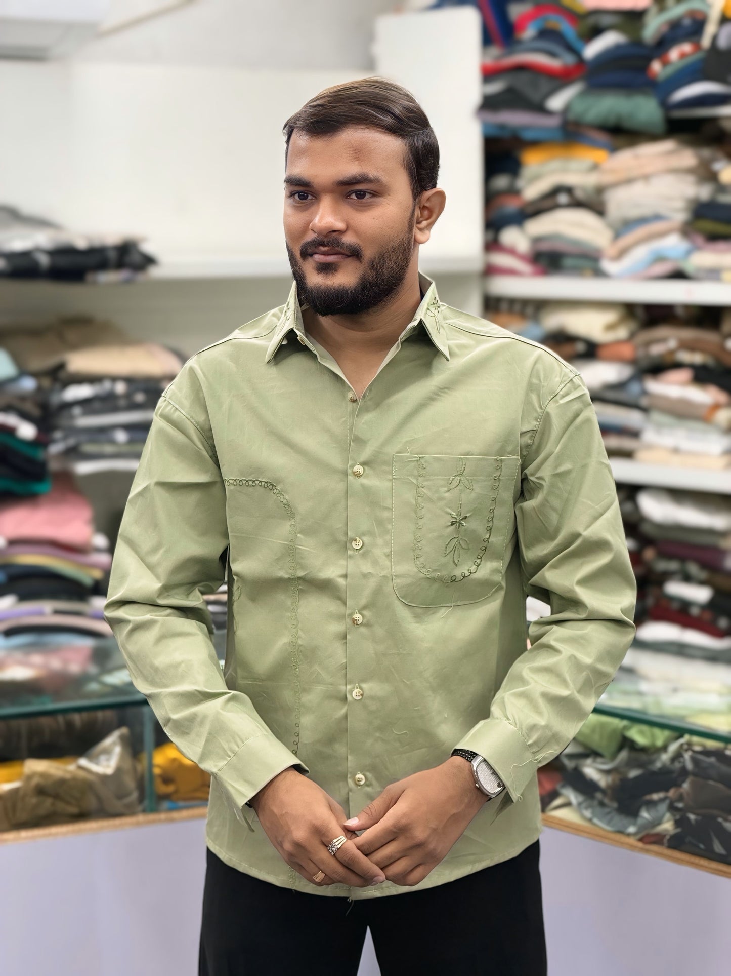 Men’s Olive Green Cotton Shirt with Embroidered Pocket