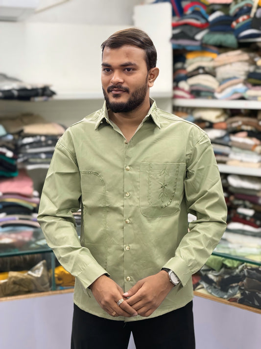Men’s Olive Green Cotton Shirt with Embroidered Pocket