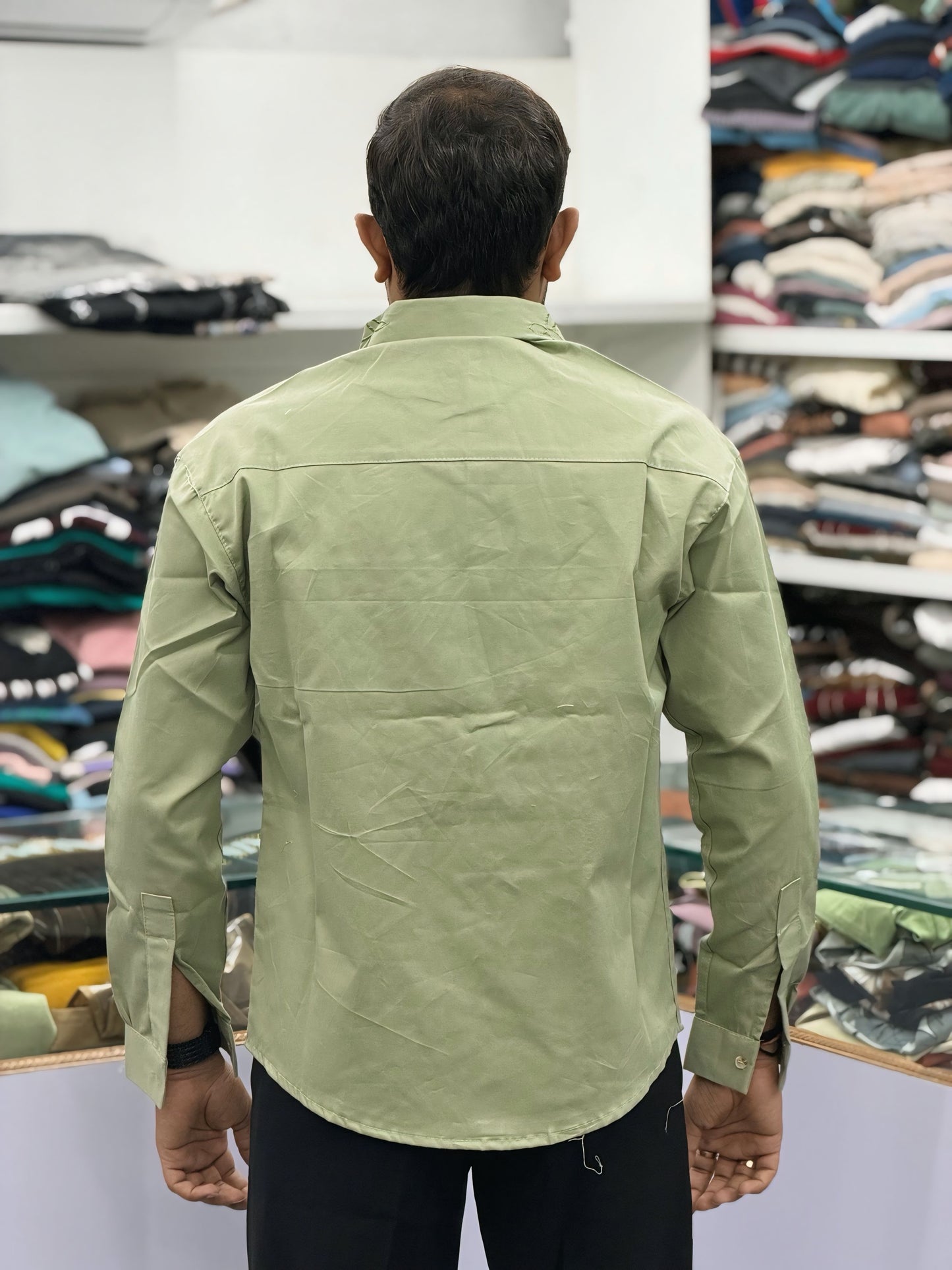 Men’s Olive Green Cotton Shirt with Embroidered Pocket