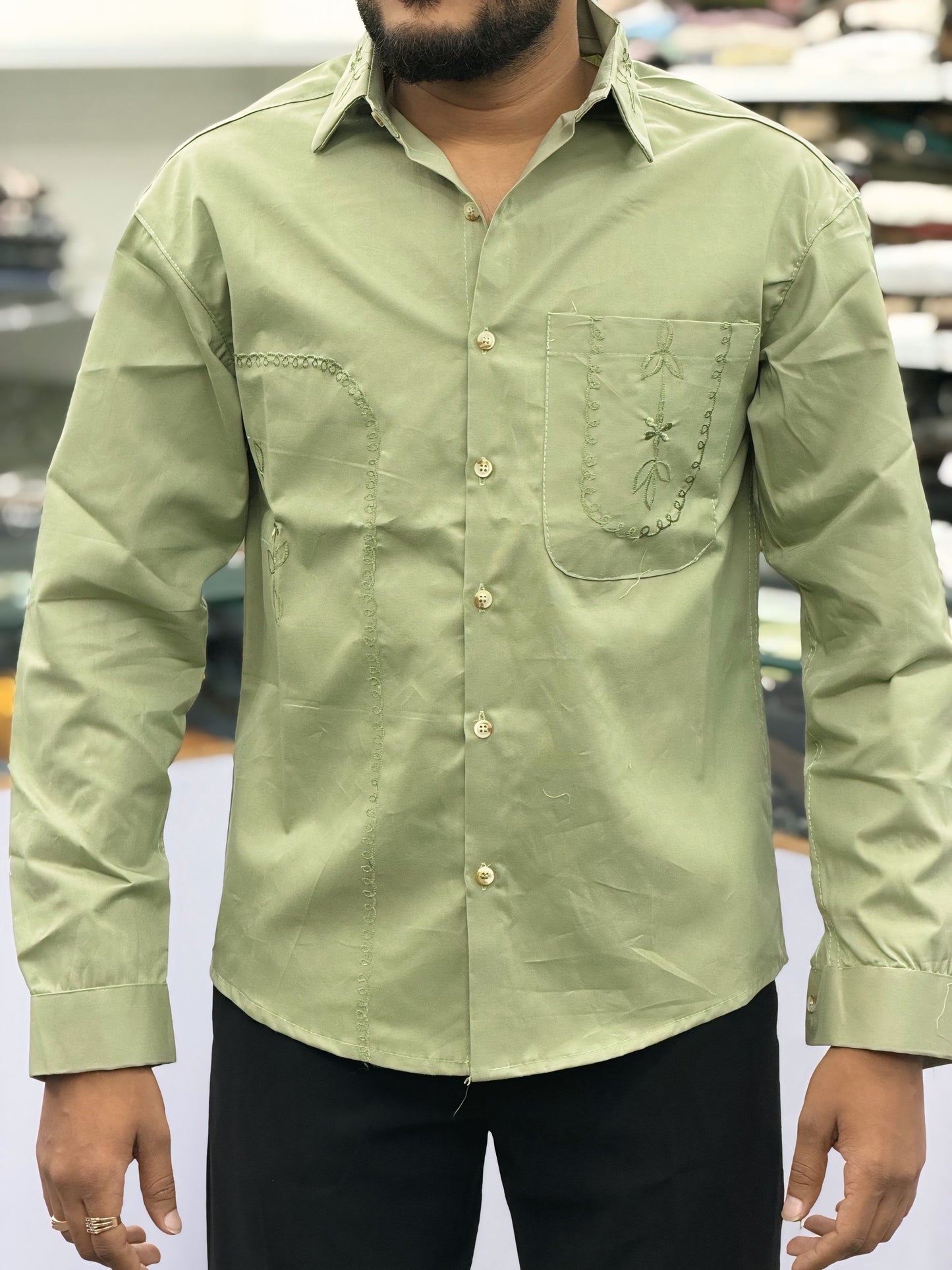 Men’s Olive Green Cotton Shirt with Embroidered Pocket