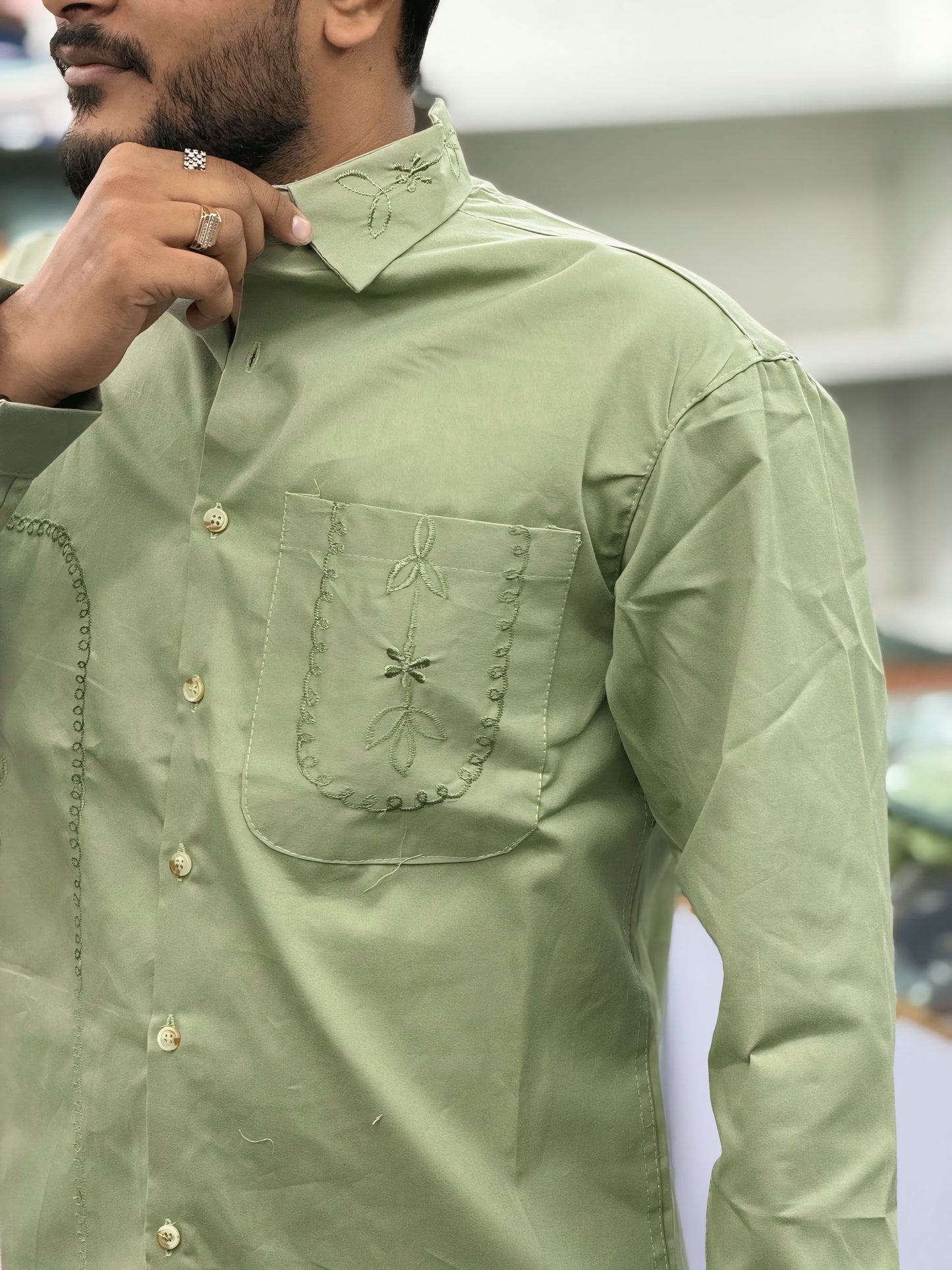 Men’s Olive Green Cotton Shirt with Embroidered Pocket